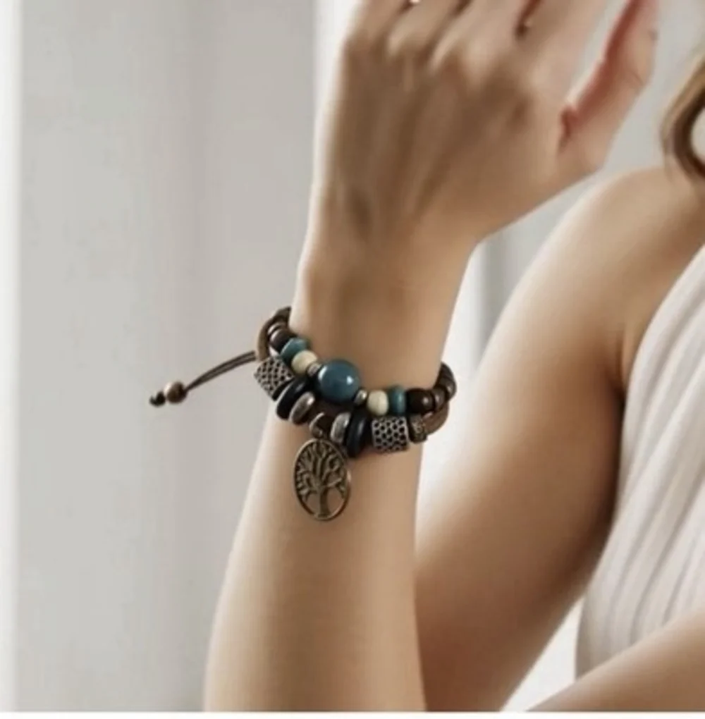 Tree of Life Charm Brown Leather Double Layer Beaded Bracelet Unisex Adjustable